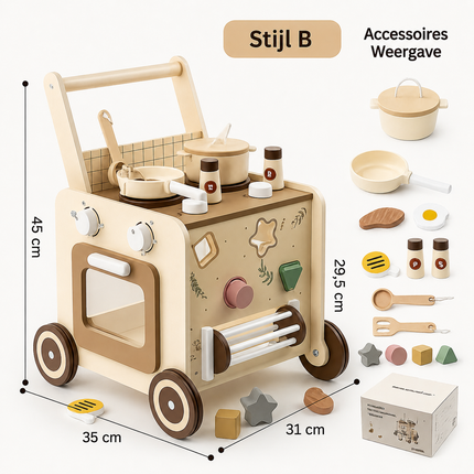 Houten montessori loopwagen met keukentje & activiteitenspel.