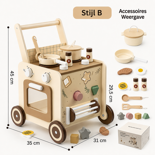 Houten montessori loopwagen met keukentje & activiteitenspel.