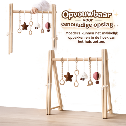 Houten montessori babygym met hangspeeltjes – inklapbaar