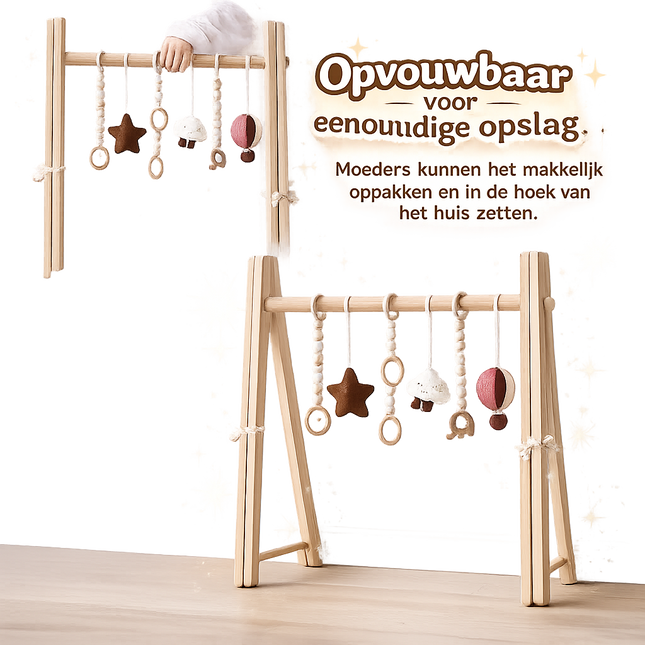 Houten montessori babygym met hangspeeltjes – inklapbaar
